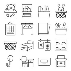 Kids’ Room Order line art icons. toy box, puzzle shelf, book bin, stuffed animal basket, chore chart, hanging rack, homework folder, craft tray, clothes basket, bed with storage,
