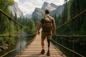 Determined hiker with a prosthetic leg crosses a rope bridge in Yosemite National Park, surrounded by lush forests and majestic mountains