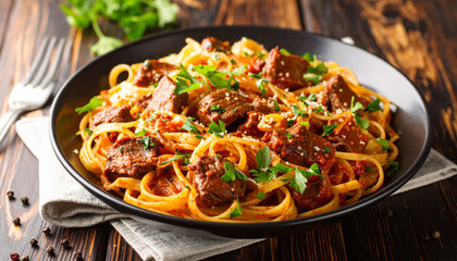 Closeup of linguine pasta with beef and rich tomato sauce, traditional Italian cuisine