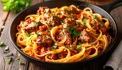 Closeup of linguine pasta with beef and rich tomato sauce, traditional Italian cuisine
