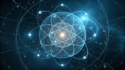 Naklejka premium A detailed atomic structure with glowing orbits and particles, representing quantum physics and the building blocks of matter