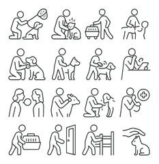 Fototapeta premium Animal Rescue Actions line art icons. capturing stray dog, calming injured cat, transporting animal, removing hazard, checking ID tag, leash attachment, scanning microchip,