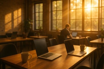 Sunlit coworking space with laptops and coffee cups on wooden tables, creating a productive and serene atmosphere for remote work
