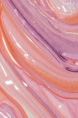 The abstract background features glossy paint strokes in pastel colors, blended in smooth layers with a shimmering texture, enhanced by soft lighting.
