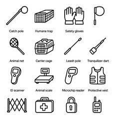 Animal Control Equipment line art icons. catch pole, humane trap, transport crate, safety gloves, animal net, carrier cage, leash pole, tranquilizer dart, ID scanner, animal scale,