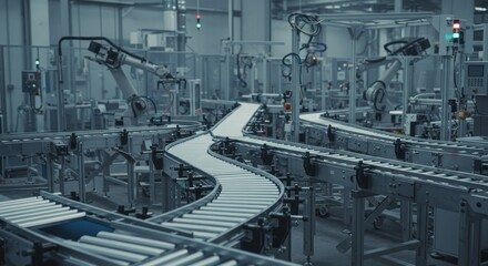 Automated production line showcasing advanced robotics and conveyor systems within a factory setting