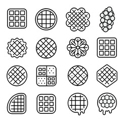 Global Waffle Varieties line art icons. Belgian waffle, American diner waffle, Scandinavian heart waffle, Hong Kong bubble waffle, Liege waffle, Stroopwafel, Italian pizzelle,