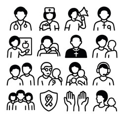 Black Health Heroes line art icons. doctor figure, nurse with clipboard, activist megaphone, local leader icon, health educator, outreach driver, faith leader, school counselor,