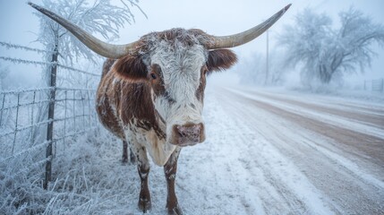 Winter In Texas. Cold weather concept with Texas Longhorn cow in ice storm on ranch