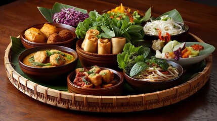 A beautifully arranged platter of diverse asian appetizers and dishes served on a woven tray with banana leaves
