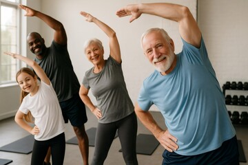 Diverse group of adults and a child engage in a warm up exercise in a bright fitness studio, promoting health and well being for all ages