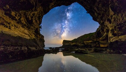 Cave opening on beach, night sky