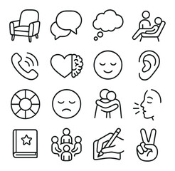 Mental Health & Support line art icons. counseling chair, talking bubble, thought cloud, therapy session, support hotline icon, heart + brain, calm face, listening ear, emotion