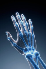 Generative AI Hand X-Ray 3D Render Illustration Skeleton Anatomy Medical Bones Joints Fingers Wrist Human Glowing Blue Structure Health Science Diagnosis Medicine Healthcare - Download Now