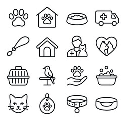 Animal Welfare line art icons. paw print, shelter icon, pet food bowl, rescue truck, leash, dog house, vet icon, adoption heart, pet carrier, bird perch, donation hand, animal bath