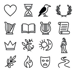 Classic Poetic Symbols line art icons. heart, hourglass, raven, laurel wreath, harp, open book, lyre, scroll, crown, vine, sun and moon, muse figure, olive branch, flame, mask of