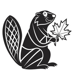 Stylized Black and White Beaver Holding Maple Leaf: Autumn, Nature, Wildlife Illustration