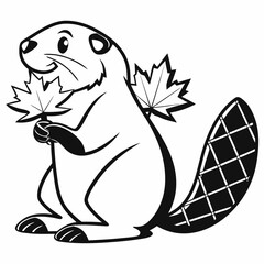 Adorable Cartoon Beaver Holding Maple Leaf: Black and White Line Art Illustration