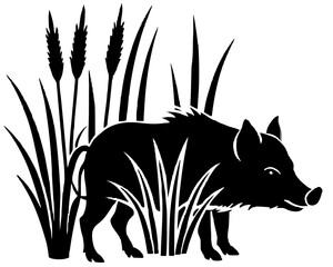 Wild Boar Silhouette in Tall Grass: Monochrome, Dramatic, Nature Stock Image