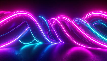 Abstract 3D neon glowing pipes with reflections