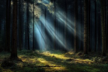 Fototapeta premium Mystical forest illuminated by dramatic sunbeams piercing through tall trees, creating an ethereal and enchanting atmosphere perfect for fantasy and adventure themes