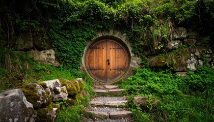 Naklejka premium Hidden door in lush greenery
