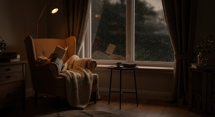 Cozy evening scene featuring a person reading by the window on a rainy day indoor scene