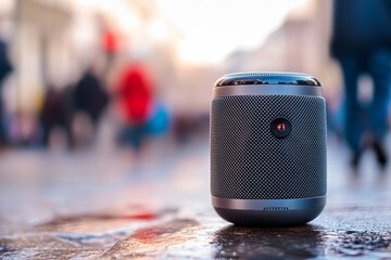 Compact urban Bluetooth speaker with sleek design standing on wet city pavement, bokeh background of walking people, modern portable sound device for street and outdoor use
