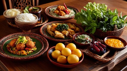A delightful spread of vietnamese cuisine featuring fresh herbs spring rolls fried fish cakes and rice served on a wooden table