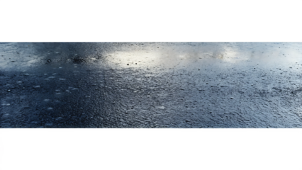 Dark wet asphalt with reflective water puddles isolated on a transparent background