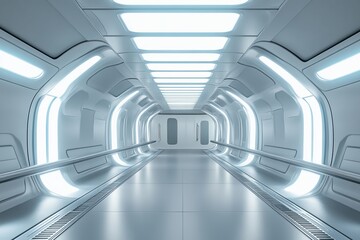 Futuristic bright spaceship corridor with sleek white interior and glowing blue lights, science fiction sci-fi hallway design for advanced technology concept and space travel environment