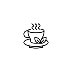 This is a simple black-and-white line icon depicting a steaming cup of tea or coffee on a saucer, with a leaf placed on the saucer. The steam lines above the cup indicate that the beverage is hot. The