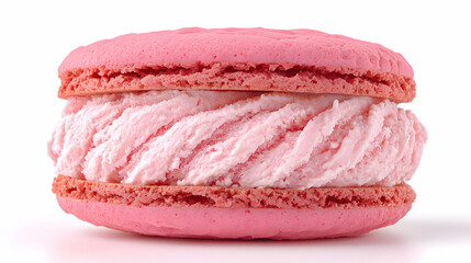 Strawberry ice cream macaron with pink shells and creamy filling, isolated on white background. Sweet dessert with vibrant color and soft, cold texture.
