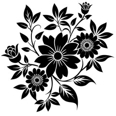 Black floral silhouette with leaves and flowers on white background pattern