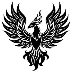 Fototapeta premium Black phoenix bird with spread wings and flame tail silhouette fire