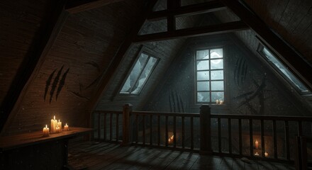 Eerie attic atmosphere with moonlight windows and ominous claw mark ambience creating horror visual