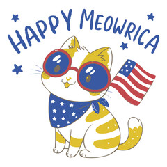 Cute Patriotic Cat Illustration with Sunglasses and Scarf - Happy Meowrica