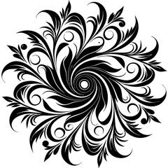 Fototapeta premium Black swirling floral ornament with leaves and circles on white background vector