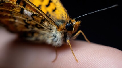 Close-up of a butterfly resting on a person's finger. the butterfly has a distinctive orange and black pattern on its wings and body. its antennae are long and thin, and its eyes are small and black.