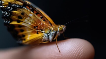 Obraz premium Close-up of a butterfly resting on a person's finger. the butterfly has a distinctive orange and black pattern on its wings, with white spots scattered across its body.