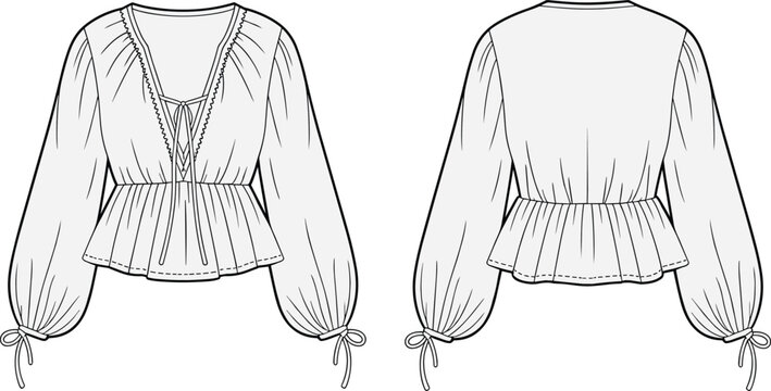 Boho peplum blouse technical fashion sketch, long sleeve top with tie front and gathered waist, front and back illustration