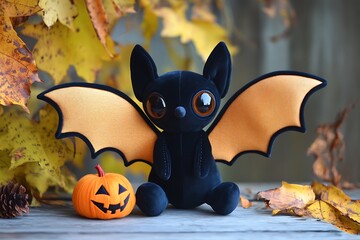 A Halloween-themed plush bat toy with soft velvet wings and a tiny stitched pumpkin 