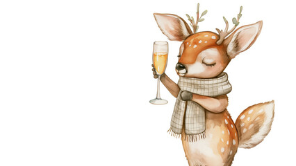Sweet deer in beige scarf with champagne. Winter holiday celebration illustration.
