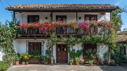 Charming Spanish-style house with vibrant flower balconies.
