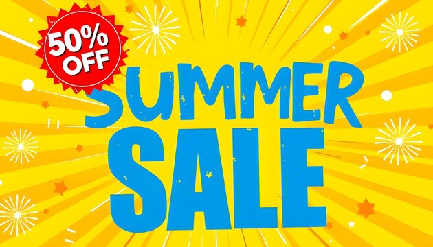 A vibrant promotional poster showcasing a summer sale with a 50% discount offer.