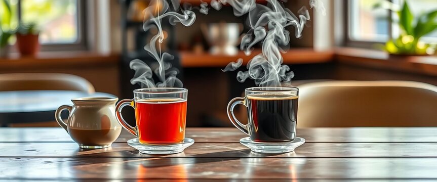 Steam rising from mugs of coffee and tea on a laneway table, urban, winter