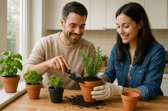 Smiling couple replanting kitchen herbs in pots at home. They are enjoying gardening and nurturing their indoor herb garden on a wooden table - Powered by Adobe