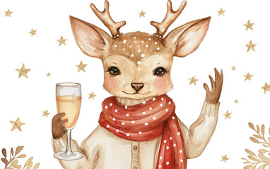 Young deer in polka dot scarf with champagne. Festive New Year animal illustration.
