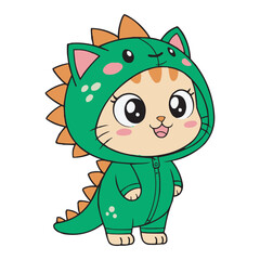 Cute Cartoon Kitten in Green Dinosaur Costume - Adorable Vector Illustration