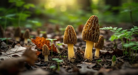 Ethereal morel mushrooms illuminated by gentle sunlight in a lush forest floor